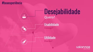 Desejabilidade
Usabilidade
Utilidade
Preciso?
Consigo?
Quero?
#boaexperiência
 