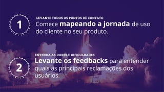Comece mapeando a jornada de uso
do cliente no seu produto.
2
1
Levante os feedbacks para entender
quais as principais reclamações dos
usuários.
LEVANTE TODOS OS PONTOS DE CONTATO
ENTENDA AS DORES E DIFICULDADES
 
