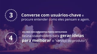 Reúna stakeholders para gerar ideias
para melhorar o "serviço do produto".
4
3 Converse com usuários-chave e
procure entender como eles pensam e agem.
CO-CRIE COM DIFERENTES PERFIS ENVOLVIDOS
 