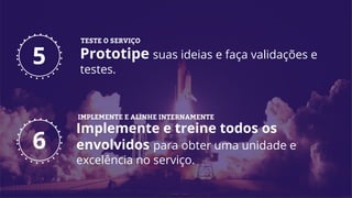 5
TESTE O SERVIÇO
Prototipe suas ideias e faça validações e
testes.
IMPLEMENTE E ALINHE INTERNAMENTE
Implemente e treine todos os
envolvidos para obter uma unidade e
excelência no serviço.
6
 