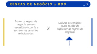 _ XR E G R A S D E N E G Ó C I O x B D D
Tratar as regras de
negócio em um
repositório a parte e
escrever os cenários
relacionados
Utilizar os cenários
como forma de
explicitar as regras de
negócio
X
 