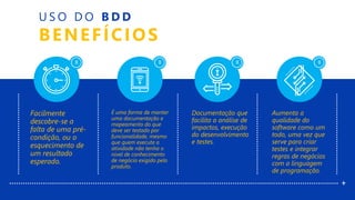 X X X X
U S O D O B D D
BENEFÍCIOS
Facilmente
descobre-se a
falta de uma pré-
condição, ou o
esquecimento de
um resultado
esperado.
É uma forma de manter
uma documentação e
mapeamento do que
deve ser testado por
funcionalidade, mesmo
que quem execute a
atividade não tenha o
nível de conhecimento
de negócio exigido pelo
produto.
Documentação que
facilita a análise de
impactos, execução
do desenvolvimento
e testes.
Aumenta a
qualidade do
software como um
todo, uma vez que
serve para criar
testes e integrar
regras de negócios
com a linguagem
de programação.
+
 