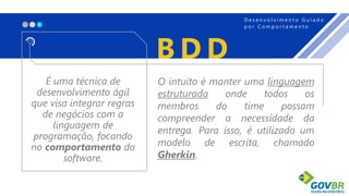 X_
É uma técnica de
desenvolvimento ágil
que visa integrar regras
de negócios com a
linguagem de
programação, focando
no comportamento do
software.
B D D
D e s e n v o l v i m e n t o G u i a d o
p o r C o m p o r t a m e n t o
O intuito é manter uma linguagem
estruturada onde todos os
membros do time possam
compreender a necessidade da
entrega. Para isso, é utilizado um
modelo de escrita, chamado
Gherkin.
 