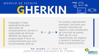 GHERKIN
M O D E L O D E E S C R I T A
Linguagem criada
especialmente para
descrições de
comportamento, ela tem a
capacidade de remover
detalhes da lógica de
programação e focar no
comportamento que uma
funcionalidade deve ter.
Os cenários representam
exemplos concretos que
ilustram restrições de
negócio e são constituídos
de uma lista de passos.
Além de ser uma
especificação do negócio,
o cenário é também um
teste (comportamento).
E m r e s u m o : o s c e n á r i o s s ã o
e s p e c i f i c a ç õ e s e x e c u t á v e i s d o s i s t e m a .
 