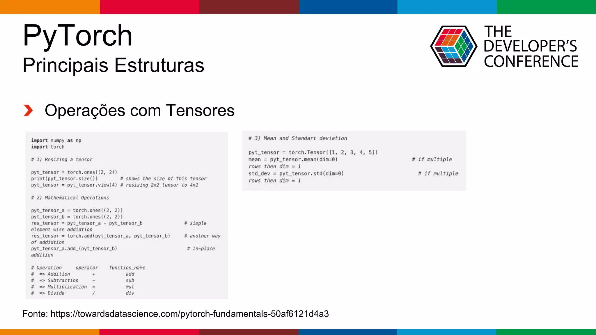 Globalcode – Open4education
PyTorch
Principais Estruturas
Operações com Tensores
Fonte: https://towardsdatascience.com/pytorch-fundamentals-50af6121d4a3
 