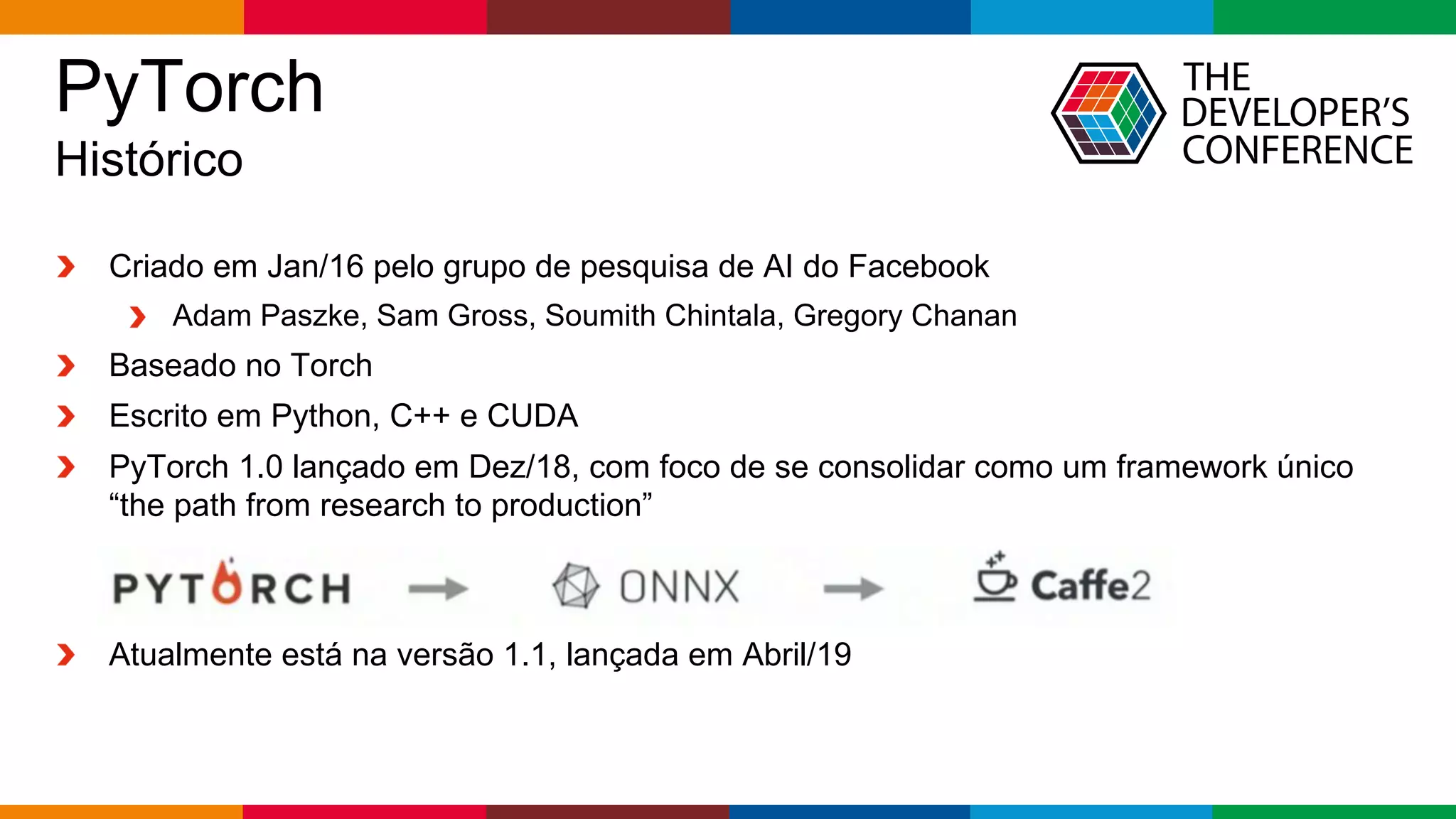 Globalcode – Open4education
PyTorch
Histórico
Criado em Jan/16 pelo grupo de pesquisa de AI do Facebook
Adam Paszke, Sam Gross, Soumith Chintala, Gregory Chanan
Baseado no Torch
Escrito em Python, C++ e CUDA
PyTorch 1.0 lançado em Dez/18, com foco de se consolidar como um framework único
“the path from research to production”
Atualmente está na versão 1.1, lançada em Abril/19
 