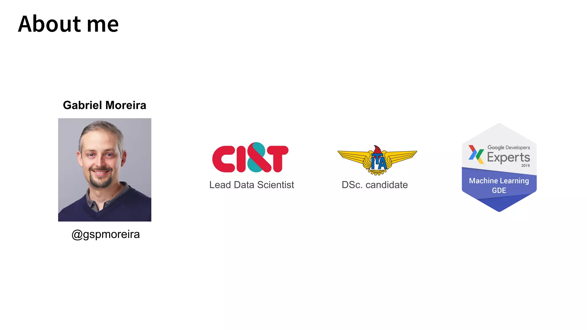 About me
Gabriel Moreira
@gspmoreira
Lead Data Scientist DSc. candidate
 