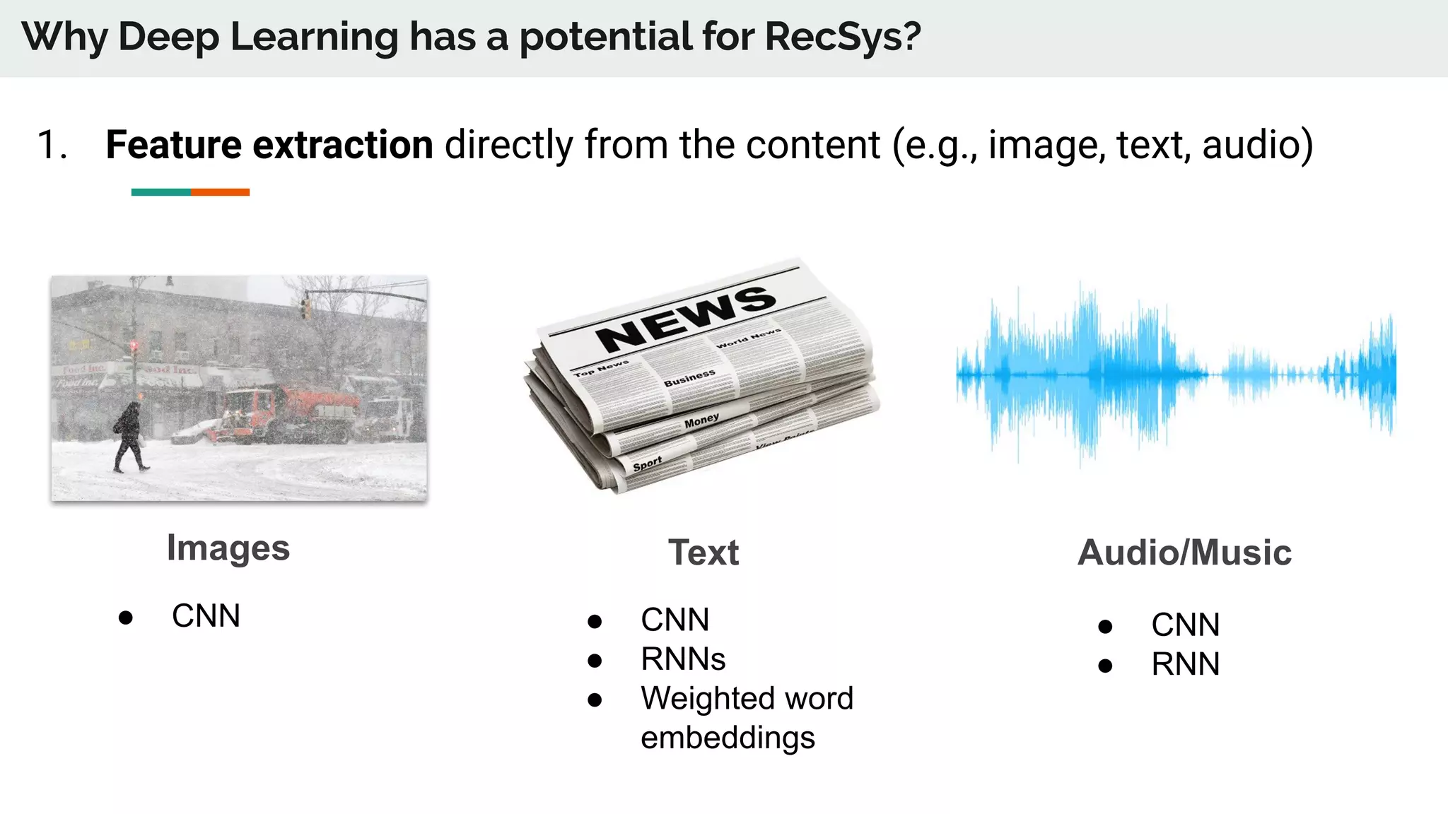 Why Deep Learning has a potential for RecSys?
1. Feature extraction directly from the content (e.g., image, text, audio)
Images Text Audio/Music
● CNN ● CNN
● RNNs
● Weighted word
embeddings
● CNN
● RNN
 