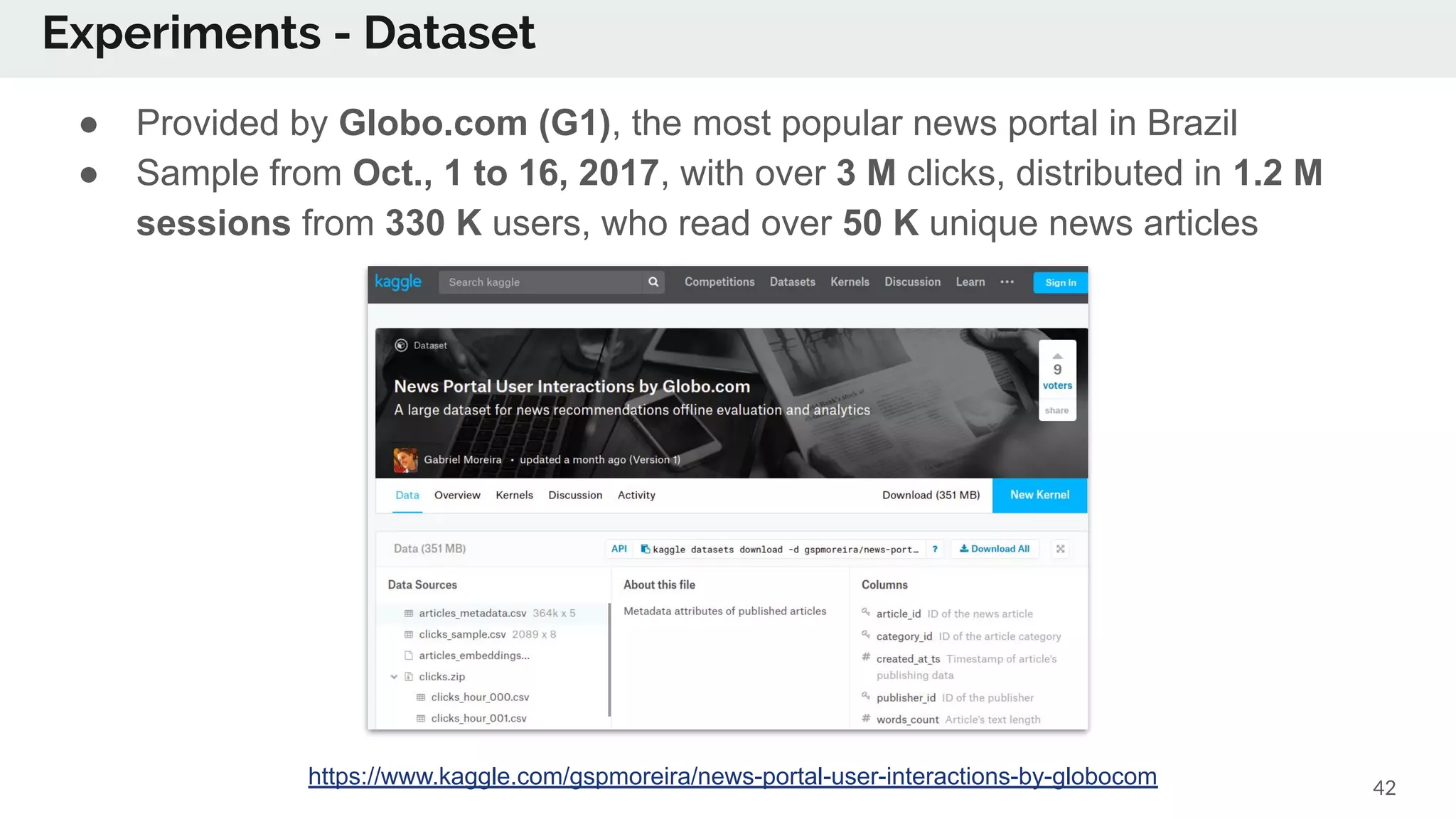 Experiments - Dataset
42
● Provided by Globo.com (G1), the most popular news portal in Brazil
● Sample from Oct., 1 to 16, 2017, with over 3 M clicks, distributed in 1.2 M
sessions from 330 K users, who read over 50 K unique news articles
https://www.kaggle.com/gspmoreira/news-portal-user-interactions-by-globocom
 