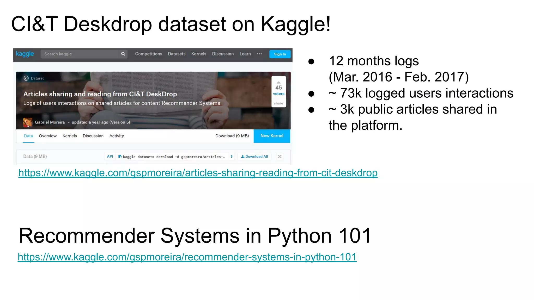 CI&T Deskdrop dataset on Kaggle!
https://www.kaggle.com/gspmoreira/articles-sharing-reading-from-cit-deskdrop
● 12 months logs
(Mar. 2016 - Feb. 2017)
● ~ 73k logged users interactions
● ~ 3k public articles shared in
the platform.
Recommender Systems in Python 101
https://www.kaggle.com/gspmoreira/recommender-systems-in-python-101
 