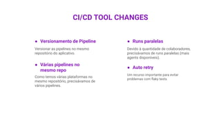 CI/CD TOOL CHANGES
● Versionamento de Pipeline
Versionar as pipelines no mesmo
repositório do aplicativo.
● Várias pipelines no
mesmo repo
Como temos várias plataformas no
mesmo repositório, precisávamos de
vários pipelines.
● Runs paralelas
Devido à quantidade de colaboradores,
precisávamos de runs paralelas (mais
agents disponíveis).
● Auto retry
Um recurso importante para evitar
problemas com ﬂaky tests.
 