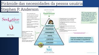 SIGNIFICADO
PRAZEROSO
CONVENIENTE
USÁVEL
CONFIÁVEL
FUNCIONAL
Criando interfaces prazerosas:
indo de tarefas a experiência
7
Pirâmide das necessidades da pessoa usuária
Stephen P. Anderson
 