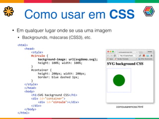 Como usar em CSS
• Em qualquer lugar onde se usa uma imagem
• Backgrounds, máscaras (CSS3), etc.
<html> 
	
  	
  	
  	
  <head> 
	
  	
  	
  	
  	
  	
  	
  	
  <style> 
	
  	
  	
  	
  	
  	
  	
  	
  #circulo	
  { 
	
  	
  	
  	
  	
  	
  	
  	
  	
  	
  	
  	
  background-­‐image:	
  url(svgdemo.svg); 
	
  	
  	
  	
  	
  	
  	
  	
  	
  	
  	
  	
  height:	
  100%;	
  width:	
  100%; 
	
  	
  	
  	
  	
  	
  	
  	
  } 
	
  	
  	
  	
  	
  	
  	
  	
  #container	
  { 
	
  	
  	
  	
  	
  	
  	
  	
  	
  	
  	
  	
  height:	
  200px;	
  width:	
  200px; 
	
  	
  	
  	
  	
  	
  	
  	
  	
  	
  	
  	
  border:	
  blue	
  dashed	
  1px; 
	
  	
  	
  	
  	
  	
  	
  	
  } 
	
  	
  	
  	
  </style> 
	
  	
  	
  	
  </head> 
	
  	
  	
  	
  <body> 
	
  	
  	
  	
  	
  	
  	
  	
  <h1>SVG	
  background	
  CSS</h1> 
	
  	
  	
  	
  	
  	
  	
  	
  <div	
  id="container"> 
	
  	
  	
  	
  	
  	
  	
  	
  	
  	
  	
  	
  <div	
  id="circulo"></div> 
	
  	
  	
  	
  	
  	
  	
  	
  </div> 
	
  	
  	
  	
  </body> 
</html>
comousaremcss.html
 