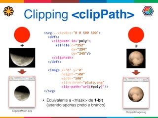Clipping <clipPath>
<svg...viewBox="0	
  0	
  500	
  500"> 
	
  	
  <defs> 
	
  	
  	
  	
  <clipPath	
  id="poly"> 
	
  	
  	
  	
  	
  	
  <circle	
  r="152"	
   
	
  	
  	
  	
  	
  	
  	
  	
  	
  	
  	
  	
  	
  	
  cx="254"	
   
	
  	
  	
  	
  	
  	
  	
  	
  	
  	
  	
  	
  	
  	
  cy="245"/> 
	
  	
  	
  	
  </clipPath> 
	
  	
  </defs> 
	
  	
  <image	
  x="0"	
  y="0"	
  	
  	
   
	
  	
  	
  	
  	
  	
  	
  	
  	
  height="500"	
   
	
  	
  	
  	
  	
  	
  	
  	
  	
  width="500"	
   
	
  	
  	
  	
  	
  	
  	
  	
  	
  xlink:href="pluto.png"	
   
	
  	
  	
  	
  	
  	
  	
  	
  	
  clip-­‐path="url(#poly)"/> 
</svg>
• Equivalente a <mask> de 1-bit
(usando apenas preto e branco)
++
ClippedImage.svg
ClippedMoon.svg
 