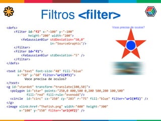 Filtros <ﬁlter>
<defs>	
  
	
  	
  	
  	
  <filter	
  id="f2"	
  x="-­‐100"	
  y="-­‐100"	
  	
  
	
  	
  	
  	
  	
  	
  	
  	
  	
  	
  	
  	
  height="200"	
  width="200"> 
	
  	
  	
  	
  	
  	
  	
  	
  <feGaussianBlur	
  stdDeviation="50,0"	
  	
  
	
  	
  	
  	
  	
  	
  	
  	
  	
  	
  	
  	
  	
  	
  	
  	
  	
  	
  	
  	
  	
  	
  	
  	
  in="SourceGraphic"/> 
	
  	
  	
  	
  </filter> 
	
  	
  	
  	
  <filter	
  id="f1"> 
	
  	
  	
  	
  	
  	
  	
  	
  <feGaussianBlur	
  stdDeviation="5"	
  /> 
	
  	
  	
  	
  </filter> 
</defs>	
  
 
<text	
  id="text"	
  font-­‐size="48"	
  fill="blue"	
  	
  
	
  	
  	
  	
  	
  	
  x="50"	
  y="60"	
  filter="url(#f1)">	
  
	
  	
  	
  	
  	
  	
  	
  	
  	
  	
  Voce	
  precisa	
  de	
  oculos?	
  
</text> 
<g	
  id="stardot"	
  transform="translate(100,50)">	
  
	
  	
  <polygon	
  id="star"	
  points="250,0	
  400,500	
  0,200	
  500,200	
  100,500"	
  	
  
	
  	
  	
  	
  	
  	
  	
  	
  	
  	
  	
  fill="red"	
  fill-­‐rule="evenodd"/> 
	
  	
  <circle	
  	
  id="circ"	
  cx="250"	
  cy="283"	
  r="75"	
  fill="blue"	
  filter="url(#f1)"	
  /> 
</g> 
<image	
  xlink:href="TheFish.png"	
  width="400"	
  height="300"	
  	
  
	
  	
  	
  	
  	
  	
  	
  x="100"	
  y="550"	
  filter="url(#f2)"	
  />
 