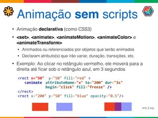 Animação sem scripts
• Animação declarativa (como CSS3)
• <set>, <animate>, <animateMotion>, <animateColor> e
<animateTransform>
• Aninhados ou referenciados por objetos que serão animados
• Declaram atributo(s) que irão variar, duração, transições, etc.
• Exemplo: Ao clicar no retângulo vermelho, ele moverá para a
direita até ﬁcar sob o retângulo azul, em 3 segundos
<rect	
  x="50"	
  	
  y="50"	
  fill="red"	
  >	
  
	
  	
  	
  <animate	
   attributeName="x"	
  to="200"	
  dur="3s"	
  	
  
	
  	
  	
  	
  	
  	
  	
  	
  	
  	
  	
  	
   begin="click"	
  fill="freeze"	
  />	
  
</rect>	
  
<rect	
  x="200"	
  y="50"	
  fill="blue"	
  opacity="0.5"/>
smil_2.svg
 