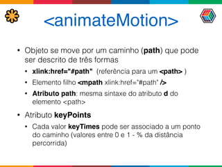 <animateMotion>
• Objeto se move por um caminho (path) que pode
ser descrito de três formas
• xlink:href="#path" (referência para um <path> )
• Elemento ﬁlho <mpath xlink:href="#path" />
• Atributo path: mesma sintaxe do atributo d do
elemento <path>
• Atributo keyPoints
• Cada valor keyTimes pode ser associado a um ponto
do caminho (valores entre 0 e 1 - % da distância
percorrida)
 