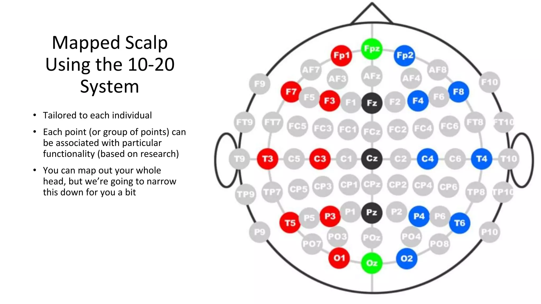 Mapped Scalp
Using the 10-20
System
• Tailored to each individual
• Each point (or group of points) can
be associated with particular
functionality (based on research)
• You can map out your whole
head, but we’re going to narrow
this down for you a bit
 