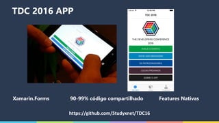 TDC 2016 APP
https://github.com/Studyxnet/TDC16
Xamarin.Forms 90-99% código compartilhado Features Nativas
 