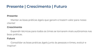 Presente
Manter as boas práticas ágeis que geram e trazem valor para nosso
cliente!
Crescimento
Expandir técnicas para todos os times se tornarem mais autônomos nas
boas práticas.
Futuro
Consolidar as boas práticas ágeis junto às pessoas e times, evoluir e
inspirar!
 