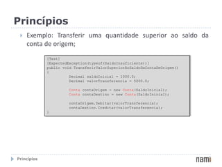 PrincípiosExemplo: Transferir uma quantidade superior ao saldo da conta de origem;[Test][ExpectedException(typeof(SaldoInsuficiente))] publicvoidTransferirValorSuperiorAoSaldoDaContaDeOrigem(){	Decimal saldoInicial = 1000.0;Decimal valorTransferencia = 5000.0;ContacontaOrigem= newConta(SaldoInicial);ContacontaDestino = newConta(SaldoInicial);contaOrigem.Debitar(valorTransferencia);contaDestino.Creditar(valorTransferencia);}Princípios