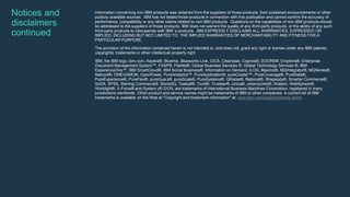 Notices and
disclaimers
continued
Information concerning non-IBM products was obtained from the suppliers of those products, their published announcements or other
publicly available sources. IBM has not tested those products in connection with this publication and cannot confirm the accuracy of
performance, compatibility or any other claims related to non-IBM products. Questions on the capabilities of non-IBM products should
be addressed to the suppliers of those products. IBM does not warrant the quality of any third-party products, or the ability of any such
third-party products to interoperate with IBM’s products. IBM EXPRESSLY DISCLAIMS ALL WARRANTIES, EXPRESSED OR
IMPLIED, INCLUDING BUT NOT LIMITED TO, THE IMPLIED WARRANTIES OF MERCHANTABILITY AND FITNESS FOR A
PARTICULAR PURPOSE.
The provision of the information contained herein is not intended to, and does not, grant any right or license under any IBM patents,
copyrights, trademarks or other intellectual property right.
IBM, the IBM logo, ibm.com, Aspera®, Bluemix, Blueworks Live, CICS, Clearcase, Cognos®, DOORS®, Emptoris®, Enterprise
Document Management System™, FASP®, FileNet®, Global Business Services ®, Global Technology Services ®, IBM
ExperienceOne™, IBM SmartCloud®, IBM Social Business®, Information on Demand, ILOG, Maximo®, MQIntegrator®, MQSeries®,
Netcool®, OMEGAMON, OpenPower, PureAnalytics™, PureApplication®, pureCluster™, PureCoverage®, PureData®,
PureExperience®, PureFlex®, pureQuery®, pureScale®, PureSystems®, QRadar®, Rational®, Rhapsody®, Smarter Commerce®,
SoDA, SPSS, Sterling Commerce®, StoredIQ, Tealeaf®, Tivoli®, Trusteer®, Unica®, urban{code}®, Watson, WebSphere®,
Worklight®, X-Force® and System z® Z/OS, are trademarks of International Business Machines Corporation, registered in many
jurisdictions worldwide. Other product and service names might be trademarks of IBM or other companies. A current list of IBM
trademarks is available on the Web at "Copyright and trademark information" at: www.ibm.com/legal/copytrade.shtml.
 