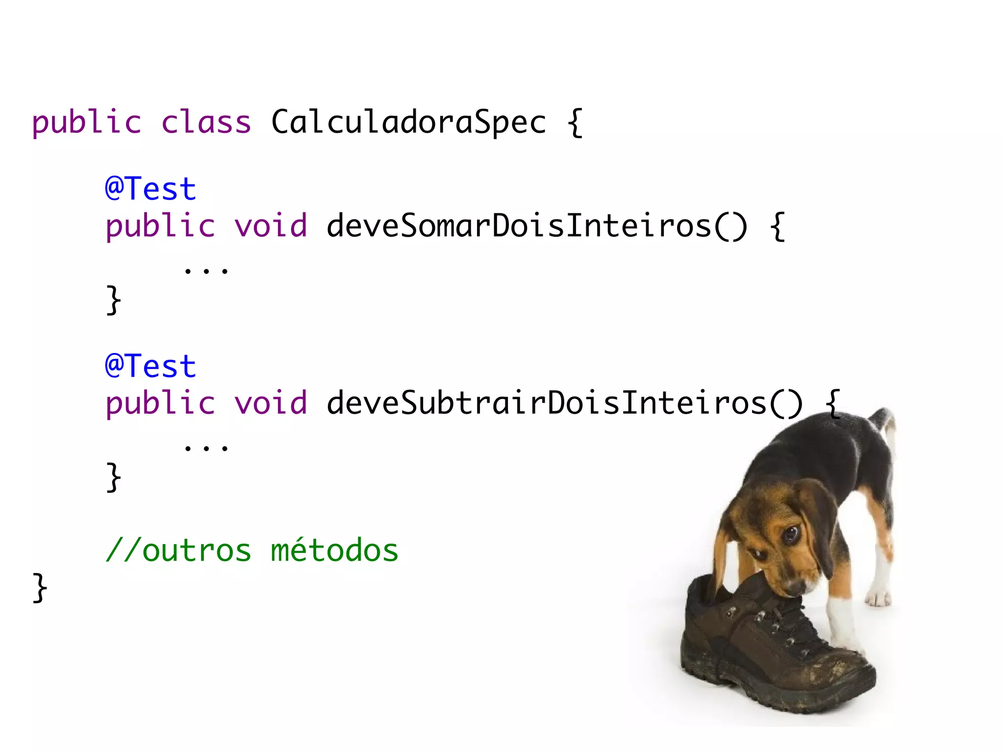 public class CalculadoraSpec {

    @Test
    public void deveSomarDoisInteiros() {
        ...
    }

    @Test
    public void deveSubtrairDoisInteiros() {
        ...
    }

    //outros métodos
}
 