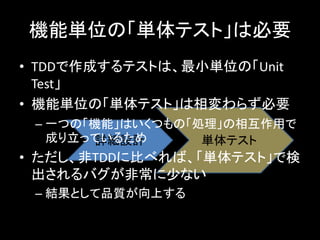 機能単位の「単体テスト」は必要
• TDDで作成するテストは、最小単位の「Unit
  Test」
• 機能単位の「単体テスト」は相変わらず必要
 – 一つの「機能」はいくつもの「処理」の相互作用で
   成り立っているため
        詳細設計      単体テスト
• ただし、非TDDに比べれば、「単体テスト」で検
  出されるバグが非常に少ない
 – 結果として品質が向上する
 
