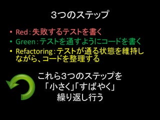 ３つのステップ
• Red：失敗するテストを書く
• Green：テストを通すようにコードを書く
• Refactoring：テストが通る状態を維持し
  ながら、コードを整理する

     これら３つのステップを
      「小さく」「すばやく」
        繰り返し行う
 