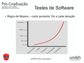 Testes de Software
●   Regra de Meyers – custo aumenta 10x a cada iteração
 