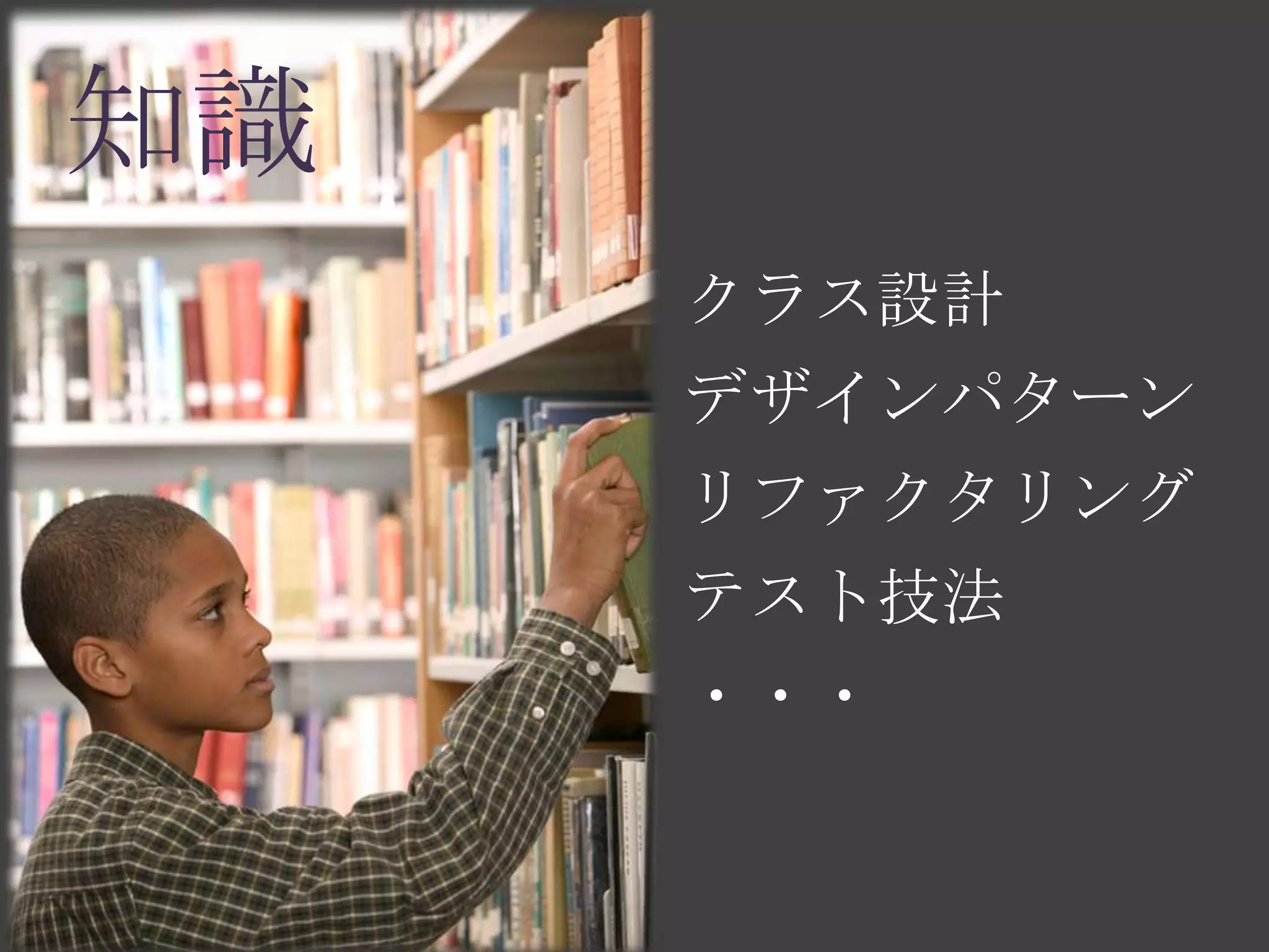 知識
     クラス設計
     デザインパターン
     リファクタリング
     テスト技法
     ・・・
 