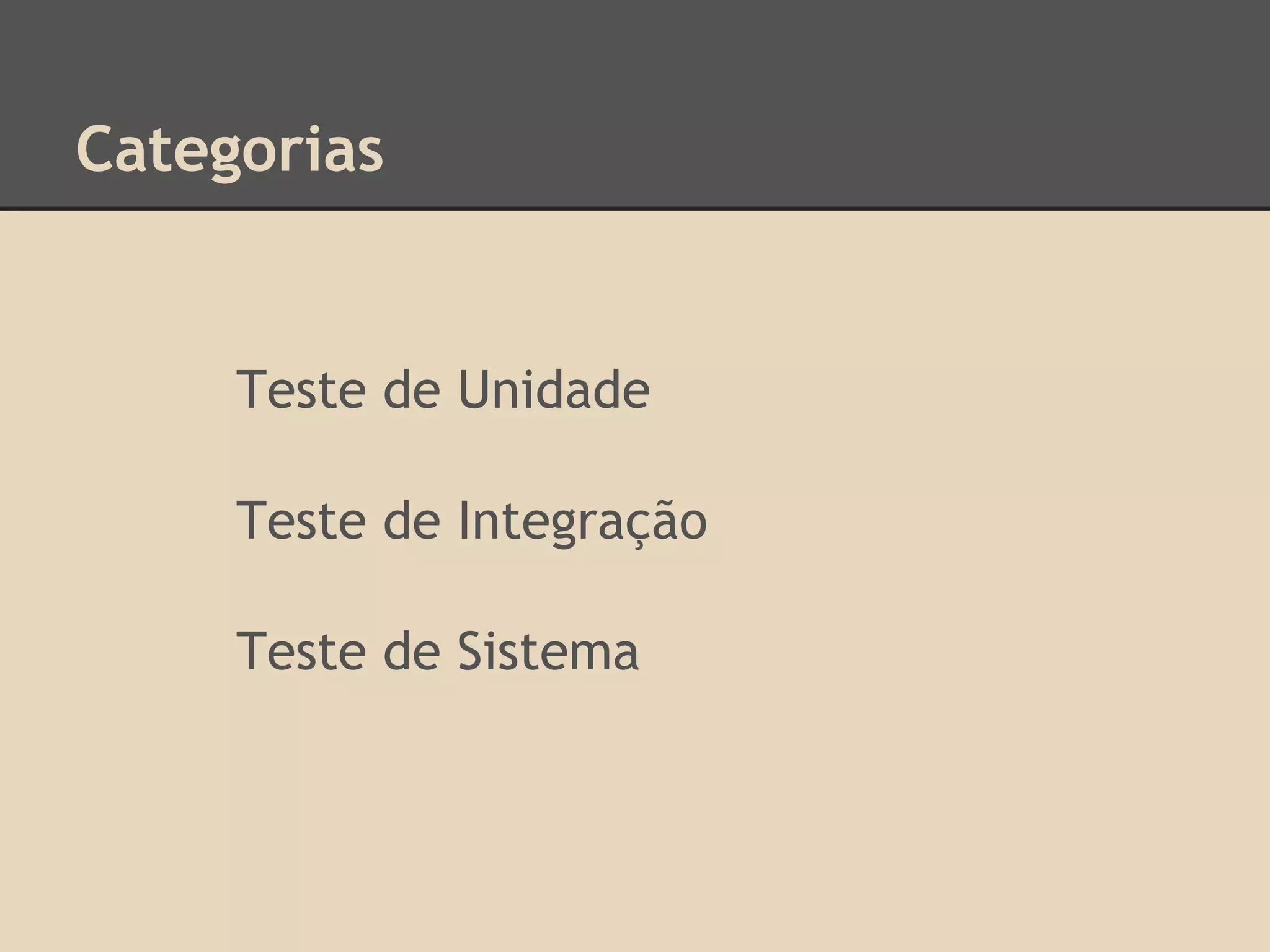 Categorias
Teste de Unidade
Teste de Integração
Teste de Sistema
 
