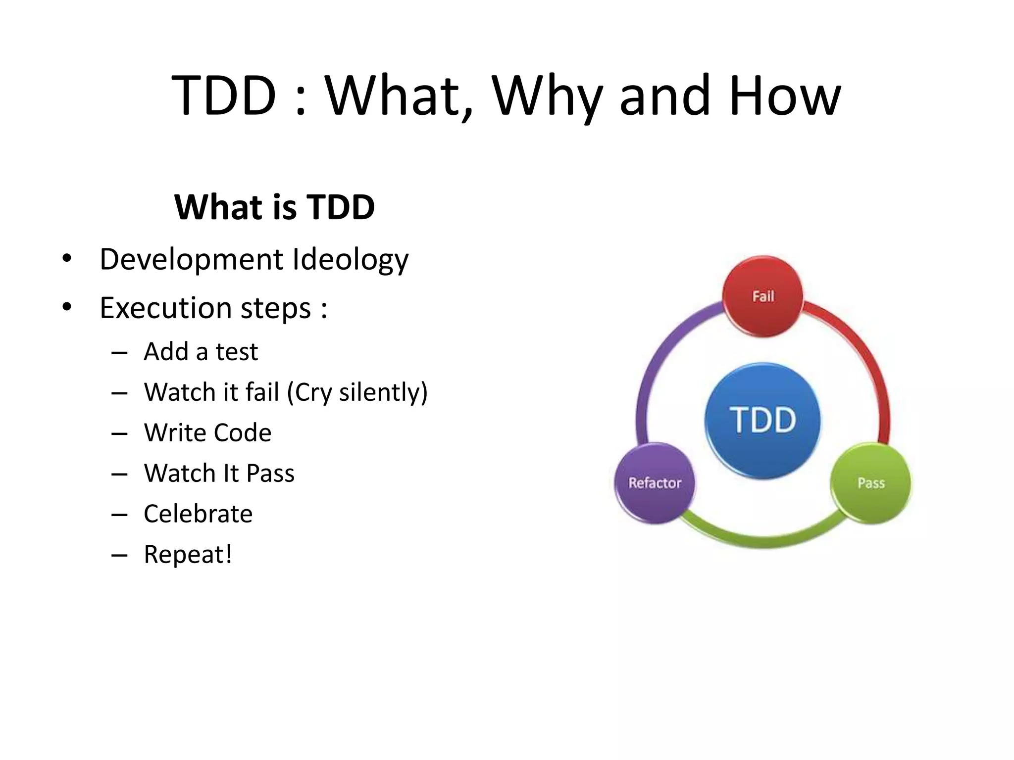 TDD : What, Why and How
What is TDD
• Development Ideology
• Execution steps :
– Add a test
– Watch it fail (Cry silently)
– Write Code
– Watch It Pass
– Celebrate
– Repeat!
 