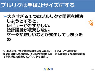 29
➤大きすぎる１つのプルリクで問題を解決
しようとすると、
レビューがむずかしい、
設計議論が収束しない、
マージが難しいなどが発生してしまうた
め
※ 手頃なサイズに明確な基準はないけれど、人によっては例えば、
変更が200行程度の量、4日以内で終わる量、ある作業を２つの意味のあ
る作業単位で分割してプルリクを目安に
プルリクは手頃なサイズにする
 