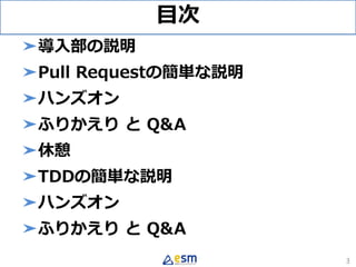目次
➤導入部の説明
➤Pull Requestの簡単な説明
➤ハンズオン
➤ふりかえり と Q&A
➤休憩
➤TDDの簡単な説明
➤ハンズオン
➤ふりかえり と Q&A
3
 