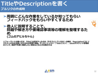TitleやDescriptionを書く
プルリクの作成時
32
➤周囲にどんな作業をしているか知ってもらい
フィードバックをもらいやすくするため
➤他人に説明することで、
問題や解き方や要確認事項等の理解を整理するた
め
(ゴムのアヒルちゃん)
※フォーマットは様々だが、Titleには何をやったのか（やろうとしているか）の要約、Descriptionには リ
クエストがなぜ必要とされるかの背景や理由, やったことリスト（ Todoリスト）、Issueやチケット管理等
のリンク, 相談や外部に確認したい項目などなどが記載される
 