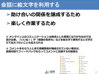 ➤助け合いの関係を醸成するため
➤楽しく作業するため
※ オンライン上のコミュニケーションは殺伐とした関係になりがちなので注
意が必要。「いいね！」や「感謝の気持ち」などを絵文字で表現すると文字だ
けで伝えづらいことも伝えられる
※ コメントをもらう人とまだ信頼関係が醸成されていない場合は、
直接対話でフィードバックもらってコメントに記録する代替案も
37
会話に絵文字を利用する
 