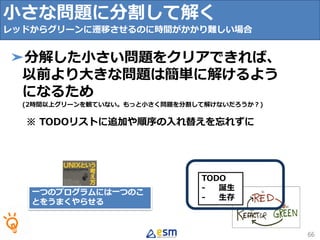 TODO
- 誕生
- 生存
小さな問題に分割して解く
レッドからグリーンに遷移させるのに時間がかかり難しい場合
66
➤分解した小さい問題をクリアできれば、
以前より大きな問題は簡単に解けるよう
になるため
(2時間以上グリーンを観ていない。もっと小さく問題を分割して解けないだろうか？)
※ TODOリストに追加や順序の入れ替えを忘れずに
一つのプログラムには一つのこ
とをうまくやらせる
 