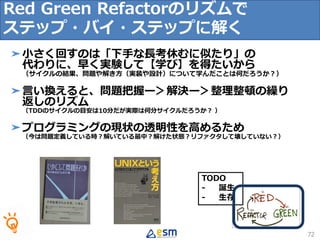 TODO
- 誕生
- 生存
72
➤小さく回すのは「下手な長考休むに似たり」の
代わりに、早く実験して【学び】を得たいから
（サイクルの結果、問題や解き方（実装や設計）について学んだことは何だろうか？）
➤言い換えると、問題把握ー＞解決ー＞整理整頓の繰り
返しのリズム
（TDDのサイクルの目安は10分だが実際は何分サイクルだろうか？ ）
➤プログラミングの現状の透明性を高めるため
（今は問題定義している時？解いている最中？解けた状態？リファクタして壊していない？）
Red Green Refactorのリズムで
ステップ・バイ・ステップに解く
 