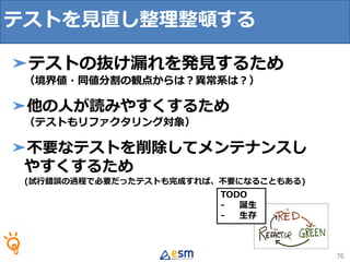 TODO
- 誕生
- 生存
76
➤テストの抜け漏れを発見するため
（境界値・同値分割の観点からは？異常系は？）
➤他の人が読みやすくするため
（テストもリファクタリング対象）
➤不要なテストを削除してメンテナンスし
やすくするため
(試行錯誤の過程で必要だったテストも完成すれば、不要になることもある)
テストを見直し整理整頓する
 