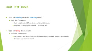 Unit Test Tools
 Tools for Running Tests and Asserting results
 Unit Test Frameworks :
 Back-end (C#.net): MS Test, xUnit.net, NUnit, MbUnit, etc.
 Front-end (JS/AngularJS2): Jasmine, Chai, QUnit , etc.
 Tools for faking dependencies
 Isolation Frameworks :
 Back-end (C#.net): Moq, NSubstitute, MS Fakes (Moles), JustMock, TypeMock, Rhino Mocks
 Front-end (JS): Jasmine, SinonJs
 