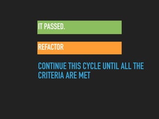 IT PASSED.
REFACTOR
CONTINUE THIS CYCLE UNTIL ALL THE
CRITERIA ARE MET
 