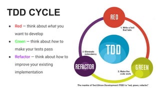 TDD CYCLE
● Red — think about what you
want to develop
● Green — think about how to
make your tests pass
● Refactor — think about how to
improve your existing
implementation
 