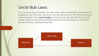 Uncle Bob Laws:
It is a cycle we have to iterate over. We write a test on something that we want to
implement such that when the test is run, the result will be “fail” then we write an
implementation that is just enough so that the test pass. We then fix our code
quality which we may have overlooked since we were focusing on making the
test pass without making the test fail.
Write Test
Write Code
Refactor
 