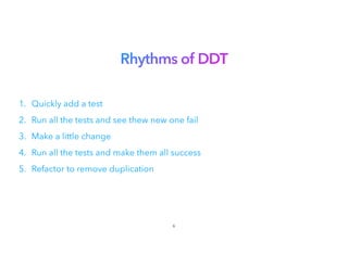 Rhythms of DDT
1. Quickly add a test


2. Run all the tests and see thew new one fail
3. Make a little change


4. Run all the tests and make them all success
5. Refactor to remove duplication
6
 