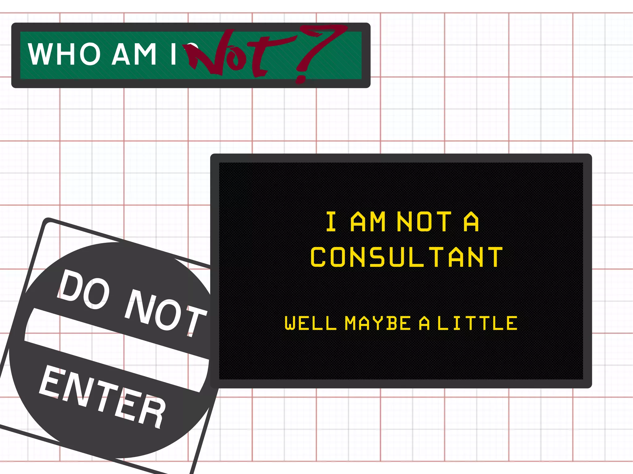 Not ?
WHO AM I?




s
               i-am-not-a
             Cconsultant
            well-maybe-a-little
 
