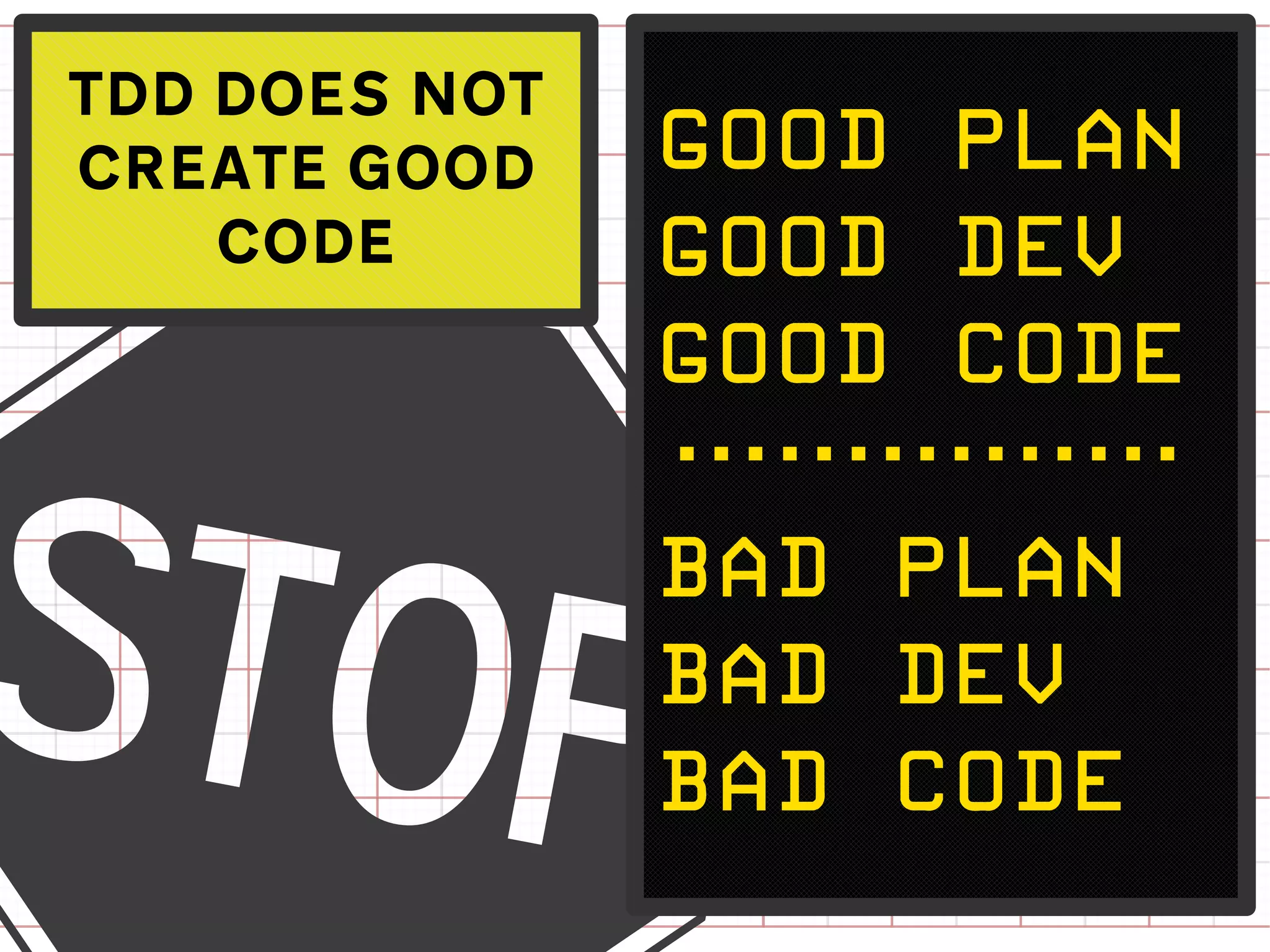 TDD DOES NOT
CREATE GOOD    good plan




a
    CODE       good dev
               good code

               bad plan
               bad dev
               bad code
 