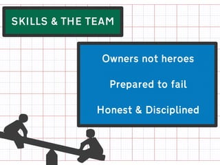 SKILLS & THE TEAM


               Owners not heroes

                Prepared to fail

              Honest & Disciplined
 