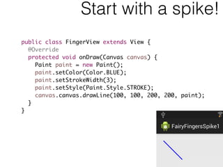 Start with a spike!
public class FingerView extends View {
@Override
protected void onDraw(Canvas canvas) {
Paint paint = new Paint();
paint.setColor(Color.BLUE);
paint.setStrokeWidth(3);
paint.setStyle(Paint.Style.STROKE);
canvas.canvas.drawLine(100, 100, 200, 200, paint);
}
}
 