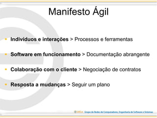 Manifesto Ágil
 Indivíduos e interações > Processos e ferramentas
 Software em funcionamento > Documentação abrangente
 Colaboração com o cliente > Negociação de contratos
 Resposta a mudanças > Seguir um plano
 